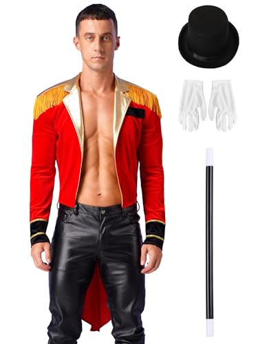 Yihuimin Mens Velvet Jacket Ringmaster Costume Showman Ringleader Lion Tamer Tailcoat Halloween Uniform Set Red XL