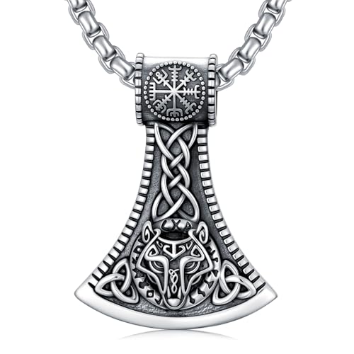 Suiknsn Viking Axe Necklace for Men Women 925 Sterling Silver Wolf Axe Pendant Norse Pagan Jewelry Nordic Gifts Native American Necklace for Father Mom