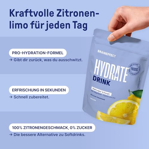 BRAINEFFECT Hydrate - Lösliche Elektrolyte Hydratationsmix ohne Zucker (mit Stevia) - isotonisches Getränkepulver zur Hydration nach dem Sport oder als Anti Kater Mittel bei Hangover