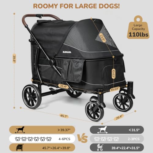 ELEMARA Large Dog Stroller with Walk-in Ramp, up to 110 lbs – Heavy Duty Dog Stroller for Large Dogs & 2 Medium Dogs, All-Terrain Wagon for Senior, Injured & Post-Surgery Pets