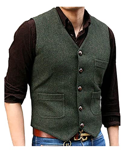 Image of SOLOVEDRESS Mens Vintage Tweed Suit Vest V Neck Casual Wool Waistcoat for Wedding Groomsmen