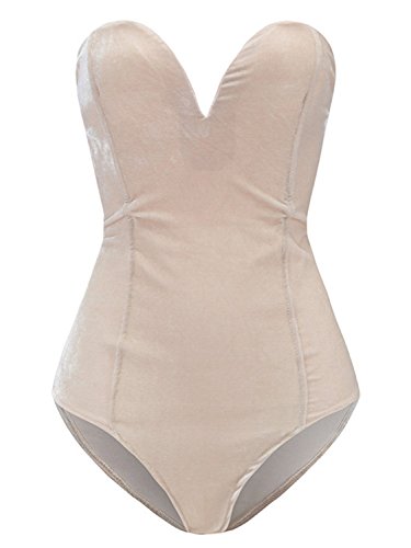 Choies Women's Burgundy/Black Sexy Plunge Neck Strapless Cross Back Velvet Bodysuit (Large, Beige)