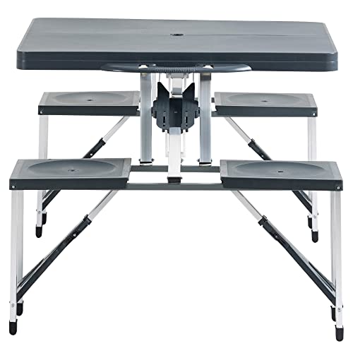 Outsunny Portable Foldable Camping Picnic Table Set With Four Chairs And Umbrella Hole, 4-Seats Aluminum Fold Up Travel Picnic Table, Grey #TOP7