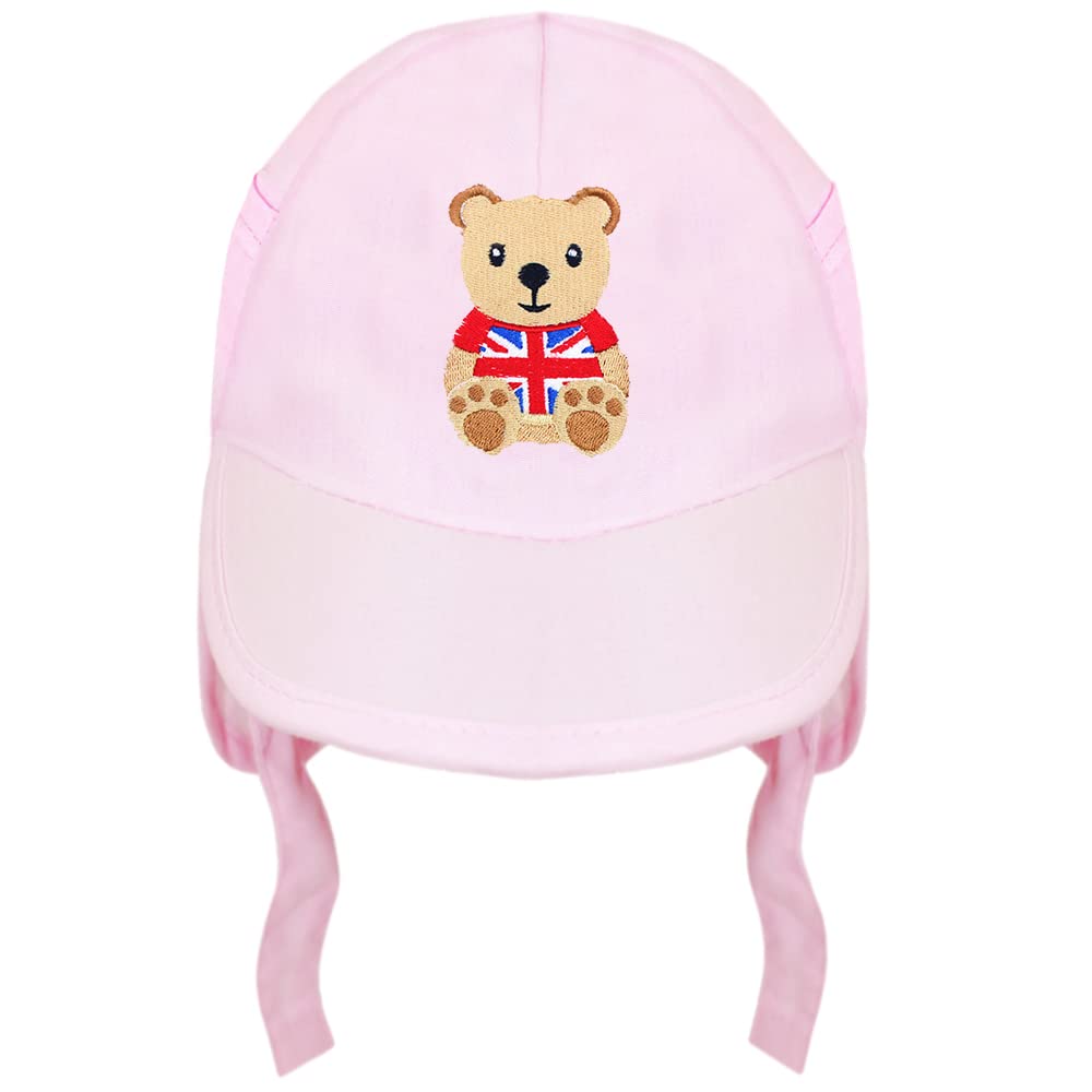 Personalised Baby Union Jack Teddy Bear Legionnaire Sun Hat (as8, Age, 3_Months, 6_Months, Baby Pink)