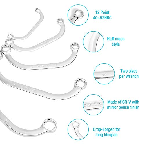 Duratech Half Moon Box Wrench Set, Metric, 5-Piece, 8Mm To 22Mm, 12 Point, Cr-V Steel, With Eva Foam Tool Organizer #TOP2