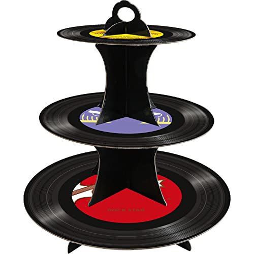 XEFINAL 1950's Rock and Roll MusicTheme, 3-Tier Paper Record Cake Stand Cupcake Tower for 8-12 Cupcakes Perfect for 50's Theme Party Music Party Birthday Party Supplies, Gift for Music Lover