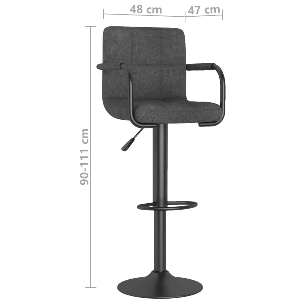 Taburete de bar de tela gris oscuro, altura regulable, elevador de gas, giratorio 360 grados, con reposapiés, silla de bar acolchada de acero con recubrimiento en polvo, para cocina y comedor