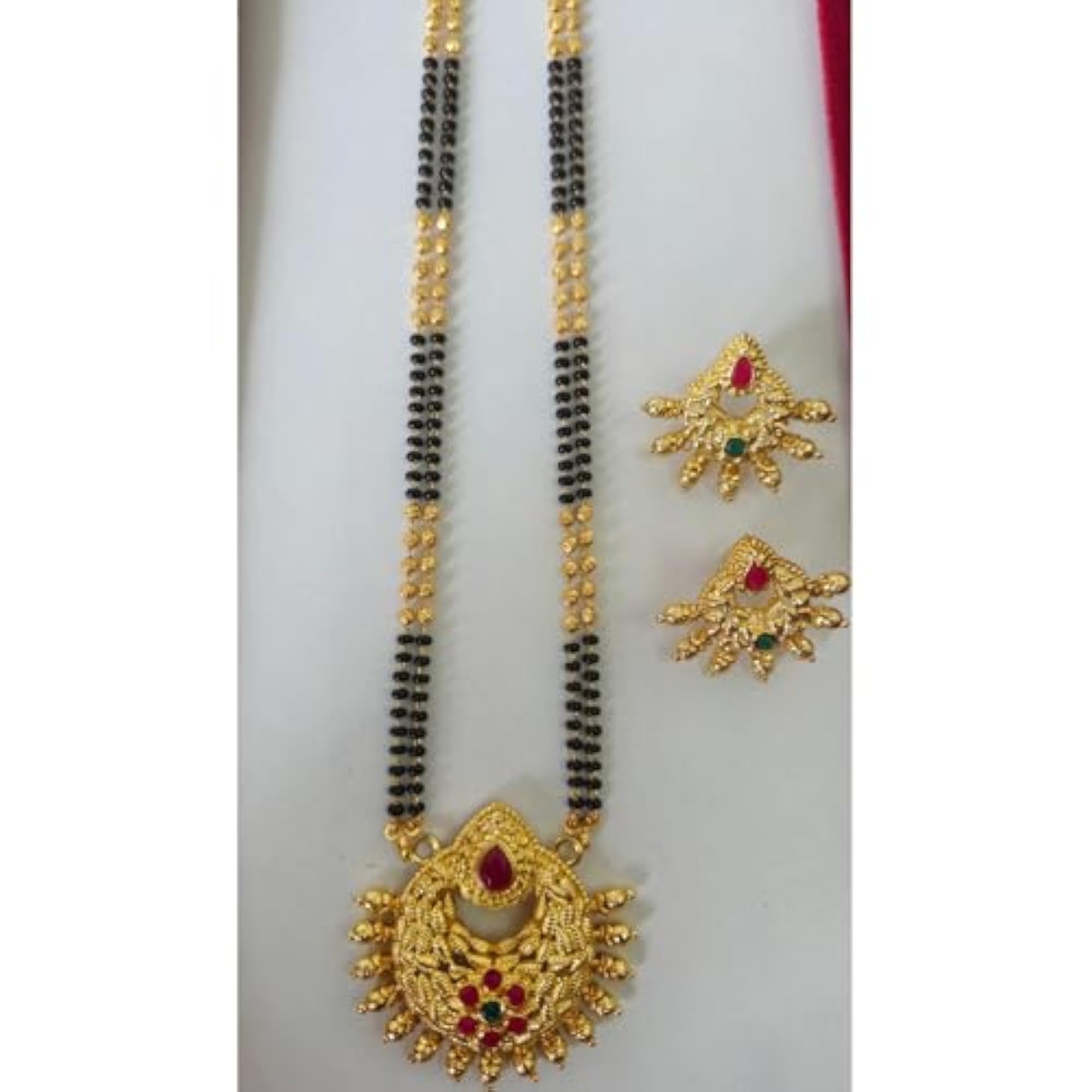 Maharashtrian 32 Inch Long Gold Plated Black and Golden Bead Mangalsutra Set