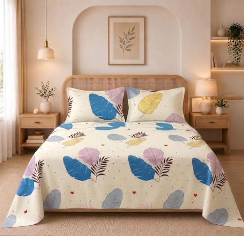 Image of HOMEKART Glace Cotton 160 TC Leaf Printed Double Bedsheet with 2 King Size Pillow Covers | Soft & Durable | 86 x 88Inches (White & Blue)