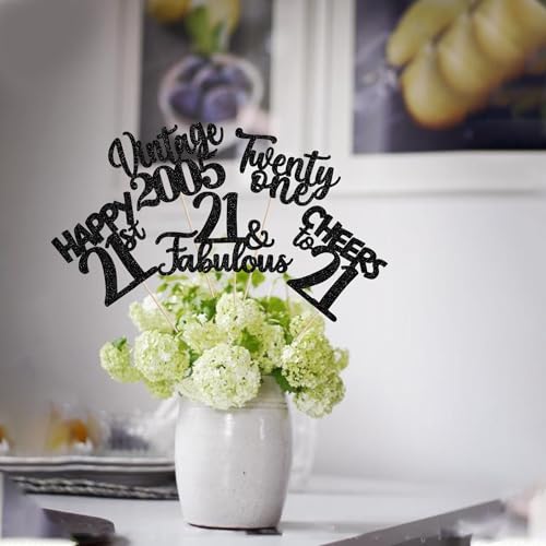 Image of 15 PCS Black 21st Birthday Centerpiece Sticks Double Sided Twenty One Happy 21 Vintage 2005 Table Flower Centerpieces Sticks Cheers to 21 Fabulous Floral Decorations for 21st Birthday Party Supplies