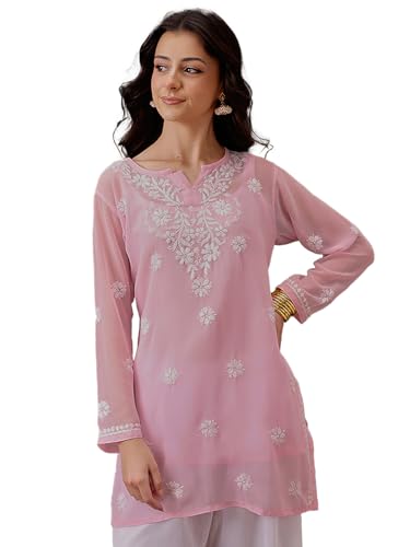 Image of Ada Women's & Girl's Georgette Hand Embroidered Lucknow Chikankari Regular Fit Short Kurti Top with Slip A911300