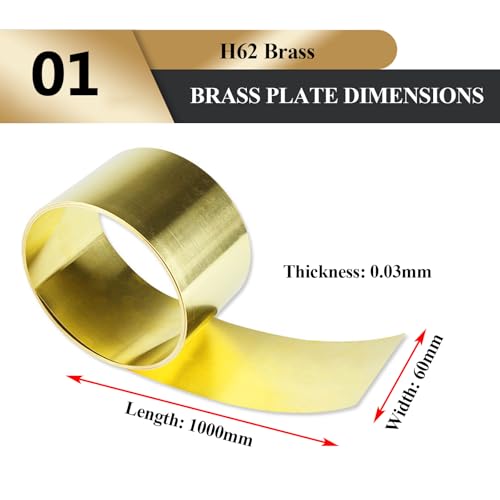 WSYCWG H62 Brass Sheet Roll Thickness 0.03Mm Length 1 Meter Brass Strip Suitable for Crafts, Electrical Repairs,0.03×60×1000mm