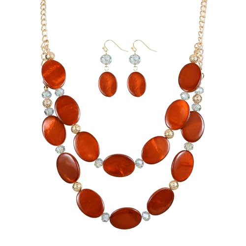 Xalroco 2 Layered Chunky Beaded Shell Necklace for Women Orange Sea Shell Statement Necklace and Earring Set Elegant Women Necklace Set Jewelry Sets for Women (burnt orange)
