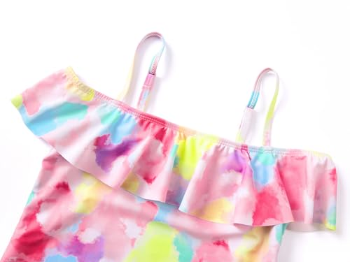 Image of Dvenki Big Girls Asymmetric Cutout Swimsuit Adjustable Straps Sizes 6X-16 | color block, leopard, tropical prints, front lined swimwear, removable pads, suitable for beach, vacation, pool play