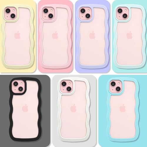 Image of GoldKart iPhone 15 Plus Case Wavy Edge Clear Back Design, Anti-Slip Grip Cute Wave Curly Frame Shape Shockproof Soft TPU & Hard PC Bumper Protective Phone Case Cover for Women Girls - White