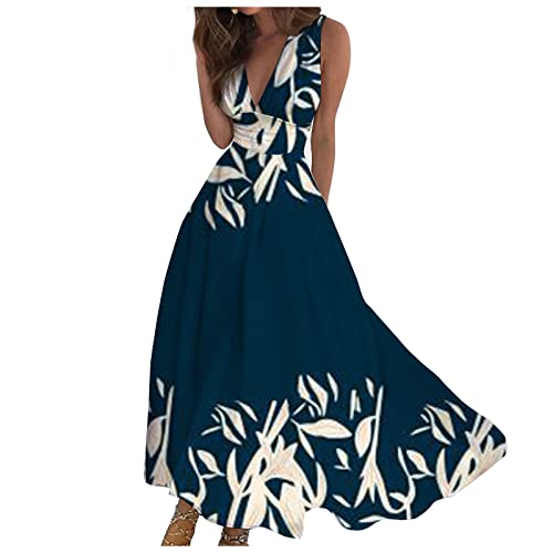 Strandkleid Damen Lang Ärmellos V Ausschnitt Boho-Kleid Sommer A-Linien...