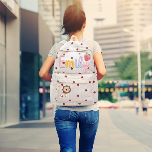Pekdi Personalized Corduroy Backpack Embroidered Name Strawberry Backpack Monogram Book Bag with Cotton Rope Woven Lightweight Daypack Casual Travel Bag for Sports Dance Gym3