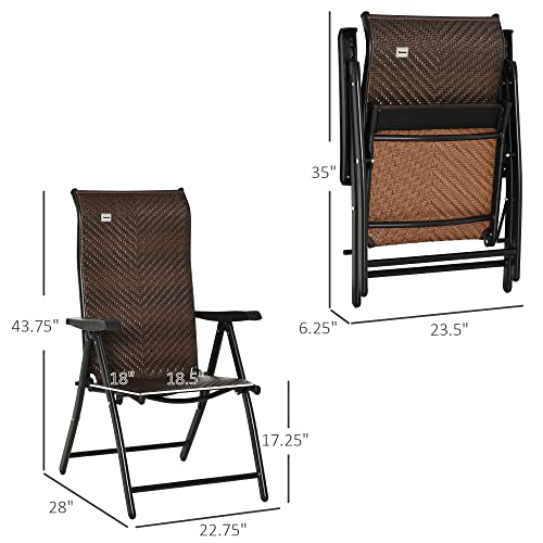 Outsunny Wicker Folding Patio Chair, Outdoor Pe Rattan Recliner Camping Chairs With 7-Level Adjustable High Backrest For Garden, Balcony, Indoor, Lawn, Brown #TOP2
