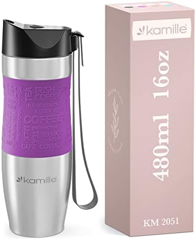 Kamille Coffee Tumbler Stainless Steel Coffee Travel Mug - Double Wall Thermal Vacuum Insulated Coffee Cup with Lid for Cold, Ice Drinks and Hot Beverage-16oz