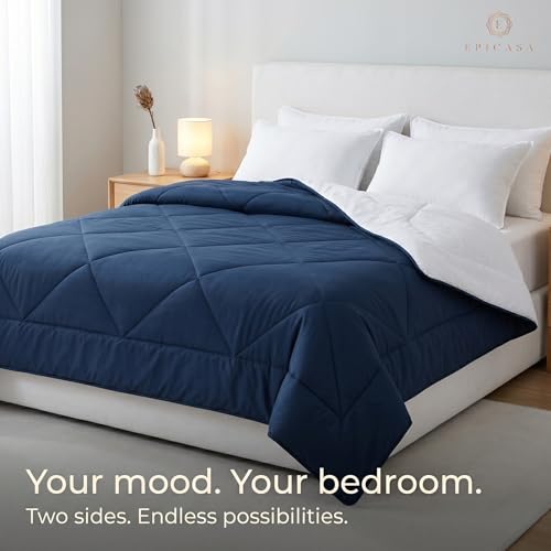 Image of Epicasa Reversible Comforter | 200 GSM Thermal Bonded Fill | 110 GSM Micro Peach Fabric | All Season AC Quilt | Diamond Quilted | Lightweight Duvet Blanket for Home Bedroom | Navy Blue & Pure White
