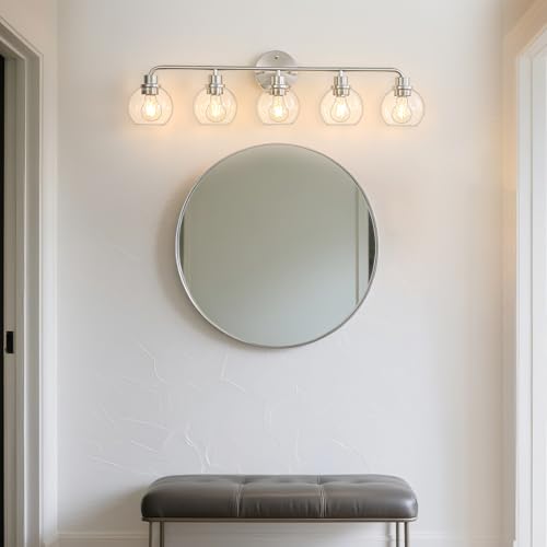 Image of Bathroom Light Fixtures 5 Light Brushed Nickel Vanity Light Silver | Modern Wall Sconces Lighting Bathroom Lights with Glass Shade Bath Wall Lights for Mirror Kitchen Living Room Hallway 34.5 inch