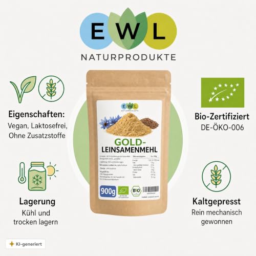Foto von EWL BIO Goldleinsamenmehl 900g | 100% Goldleinsaat | Vegan & Low Carb Mehl