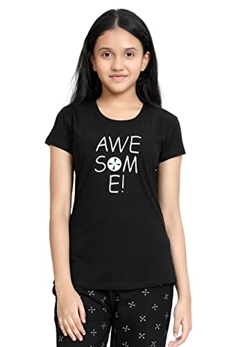 Image of Kids Night Suit for Girls - Cotton Set of Pyjama & T-Shirt Sleepwear - Lightweight & Comfortable Night Wear for Kids