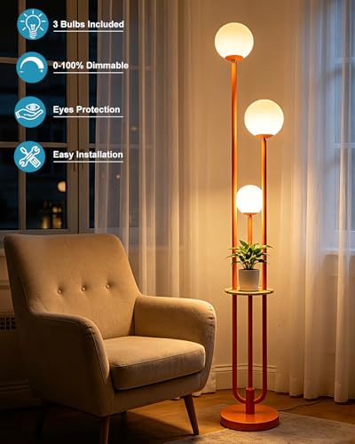 Image of Lightdot 63IN Orange Floor Lamp with Shelf Mid Century Modern Tall Standing Lamps with 3000K Warm White Bulb Included Dimmable Globe Floor Lamp with 5Lbs Heavy Base for Living Room /Party /Corner Decor