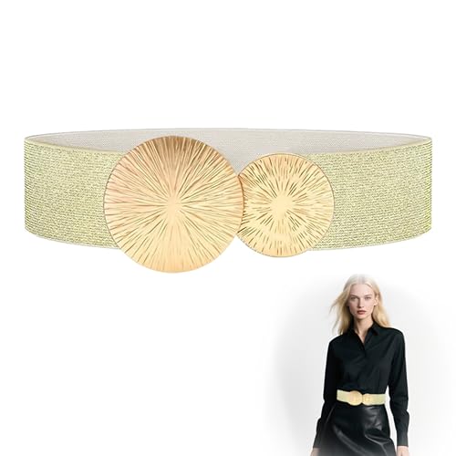 Cryluxial Cinturón ancho elástico para vestido – Hebilla redonda dorada, cintura alta resaltada, extensible, transpirable, cintura elástica para mujer, accesorio chic para trajes de vestir y casuales