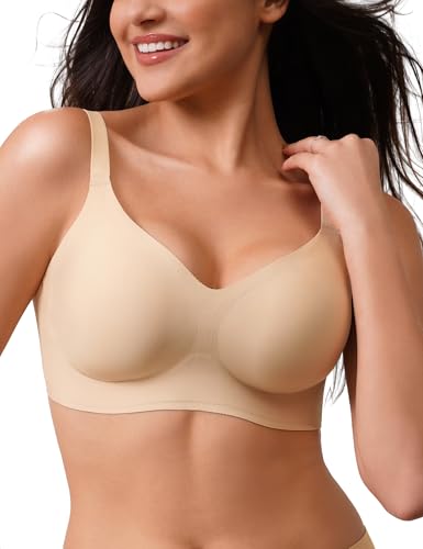 CLOSEMATE Womens Comfortable Seamless Bras No Underwire V Neck Buttery Soft Push Up Wireless Bralettes for Tshirt (Nude, Size X-Large)