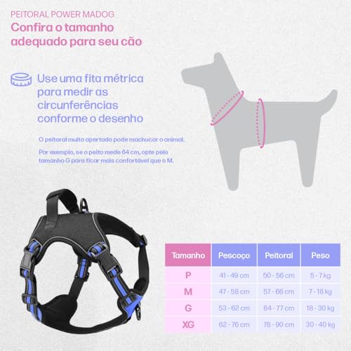 Coleira Peitoral Antipuxão Cães Power MADOG + Guia Elástica (Azul, G)