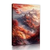 アジアンスタイルの風景アートワーク絵画ポスターカエデの木の山の寺院風光明媚なキャンバスウォールアートプリントリビングルーム寝室オフィス50x70cmインナーフレーム
