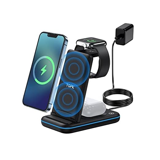 TOPK Chargeur rapide sans fil 15W 3 en 1 pour téléphone portable - Station de charge sans fil avec adaptateur - Compatible avec smartphone, smartwatch, Air-Pods 3 Pro/2, Galaxy S21 S20 S10 S9 S8