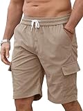Pantalones Cortos Hombre Cargo de Pana con Cintura Elástica - Bermudas Hombre Verano Multi Bolsillos y Cordón | Shorts Hombre Casual para Trabajo y Relax (Cachi,L)