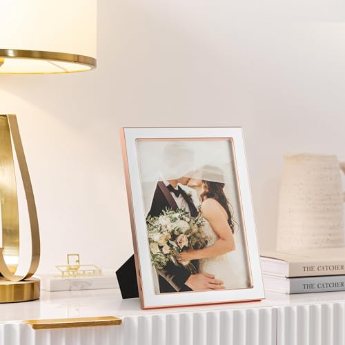 Image of eletecpro 5x7 Enamel Picture Frame Set of 2 with Real Glass Cover, Cute Photo Frame with Rose Gold Metal Edge, Horizontal and Vertical Display Pictures 5 by 7 for Tabletop and Wall Decor, White