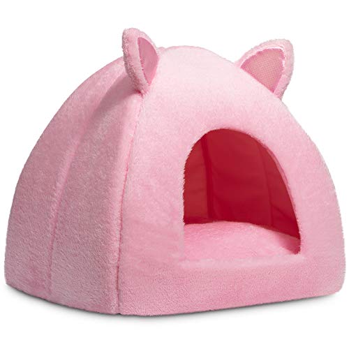 Hollypet Pet Bed Self-Warming 2 in 1 Cat Tent Cave for Kittens and Small Dogs 16 x 16 x 17 inches Triangle Feline House Hut with Washable Cushion for Indoor Outdoor Pink