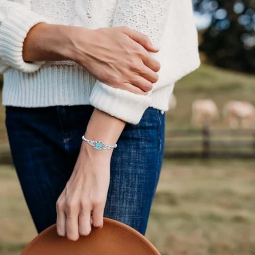 Genuine Turquoise Flower Vintage Bracelet, Sterling Silver Boho Adjustable Cuff Bangle Native American Western Jewelry for Women, Fit for 6.5 7 7.5 Inches2