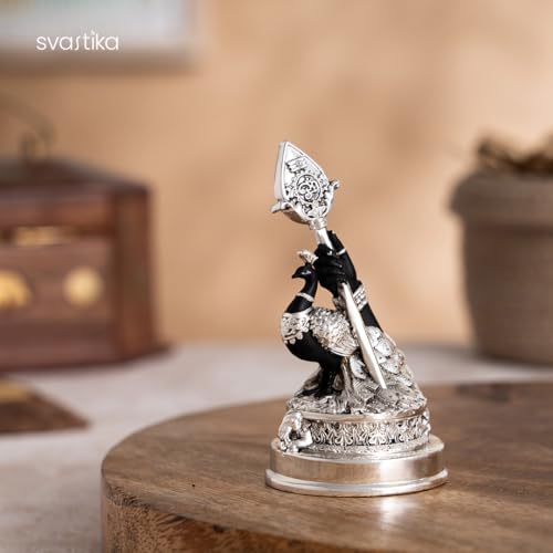 Image of Svastika Vel Mayil Murugan Idol (999 Silver Plated) | Lord Murugan Statue with Peacock | Spiritual Idol for Home Temple, Pooja Room, Car Dashboard & Gift | Decor Murti (3.5 Inch)