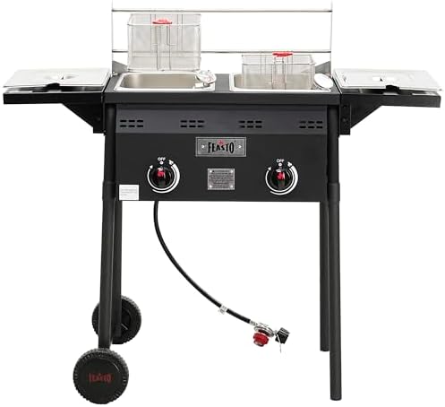 Feasto Outdoor Propane Deep Fryer,Dual Tank with Dual Independent Cast Iron Burners and Thermometers,Removable Fryer Pot,Baskets & Lids, Movable Propane Fryer Cart with Regulathor,50000 BTU