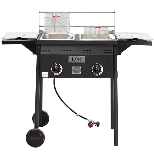 Comparison: Best Fish Fryer Outdoor 2 Feasto Outdoor Propane Deep Fryer,Dual Tank with Dual Independent Cast Iron Burners and Thermometers,Removable Fryer Pot,Baskets & Lids, Movable Propane Fryer Cart with Regulathor,50000 BTU