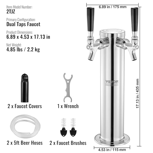 VEVOR Bierzapfturm mit zwei Zapfhähnen, Bierfassturm aus Edelstahl, Kegerator-Turm-Kit mit Vormontierten Schläuchen & Selbstschließenden Zapfhähnen für Partys, Bars, Pubs und Restaurants usw.