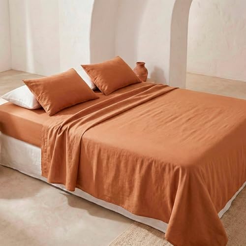 GAMUSI Juego de sábanas Cama 150 x 190/200, 100% Algodón, 4 Piezas, Transpirable, Suaves, Color Teja