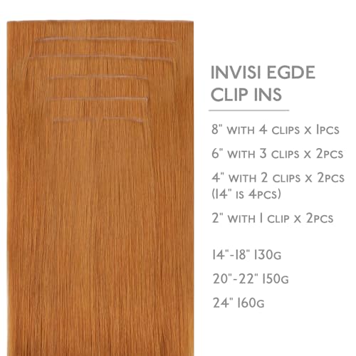 Image of WENNALIFE Invisi Edge Clip in Hair Extensions Real Human Hair, 22 Inch 150g 7pcs Auburn Ginger Seamless Clip in Extensions Remy Hair Clip Ins Invisible Skin Weft Straight Extensiones De Cabello Hmano,