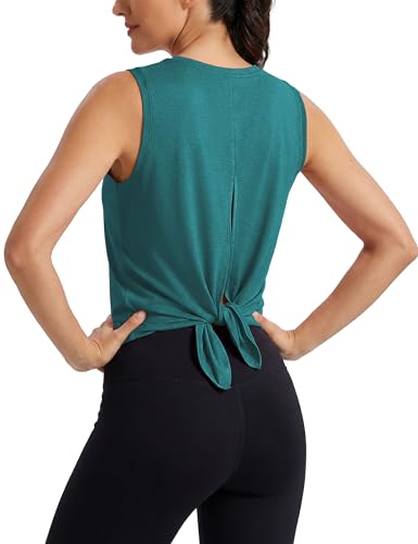 Image of MAGCOMSEN Workout Tank Tops Woman Summer Open Back Yoga Athletic Shirts Sleeveless Tie Back Loose Fit Gym Muscle Tank