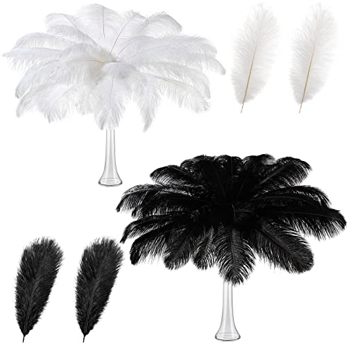 Retrowavy 50 Pcs 14-16 Inches Large Natural Ostrich Feathers Bulk for Centerpieces for Wedding Party Centerpieces Home Decoration Flower Arrangement (Black, White)