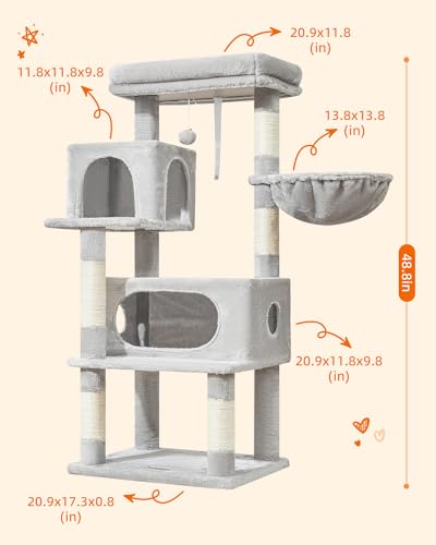 Image of Taoqimiao Cat Tree, 49In Cat Tower for Indoor Cats Large Adult | 2 Luxurious Cat Condos, Thick Padded Top Perch, Adjustable Hanging Baskets, 5 Scratching Sisal Posts, Light Gray MS029LW