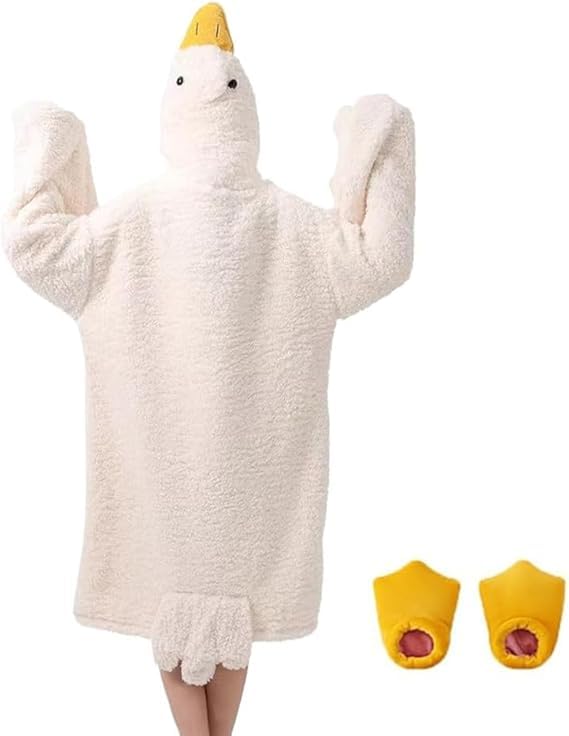 Wearable Goose Blanket Hoodie Onesie Duck Oversized Blankets Hooded Costume for Adult & Kid Warm Cozy Sleeping Bag (white goose M)
