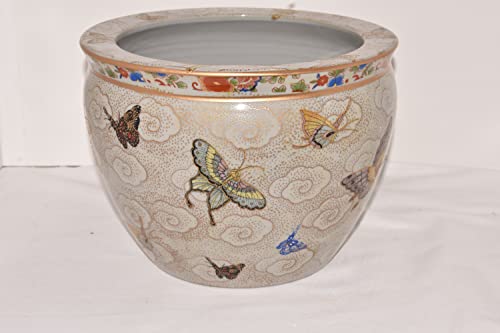 16" Oriental Colorful Butterflies Butterfly Fish Bowl Jardiniere Planter Plant Pot Satsuma Style #TOP2