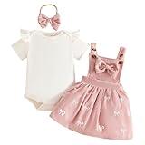 LUVCES Ensemble Nouveau né Fille Jupe à Bretelles en Velours Côtelé + Haut Côtelée avec Cœur + Bandeau 3Pcs Jolie Vêtements d'Automne Hiver Été 3Pcs Manches Courtes nœud papillon rose 0 3 Mois