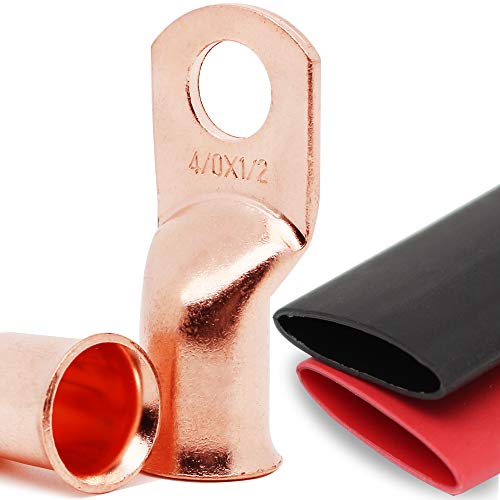TKDMR 8pcs 4 0 AWG-1 2  Battery Lugs,Copper Wire Lugs,Heavy Duty Battery Cable Ends,Tubular Ring Terminals,AWG Crimp Wire Ring Lugs,Battery Terminal Connectors with 3:1 Heat Shrink Tubing
